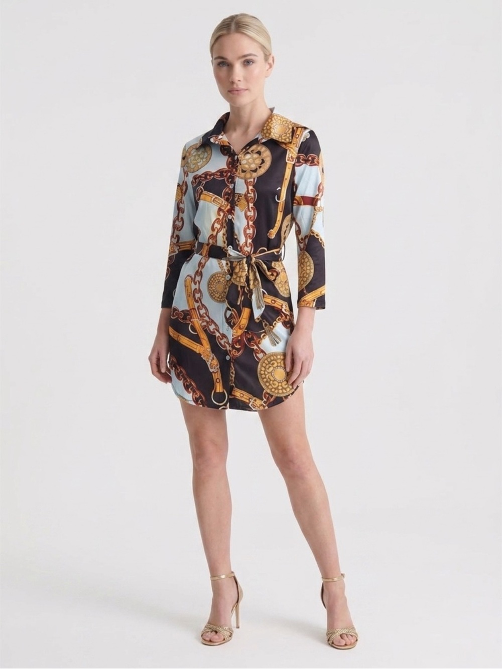 chic Chain-Print Shirt Mini Dress in Black and Gold